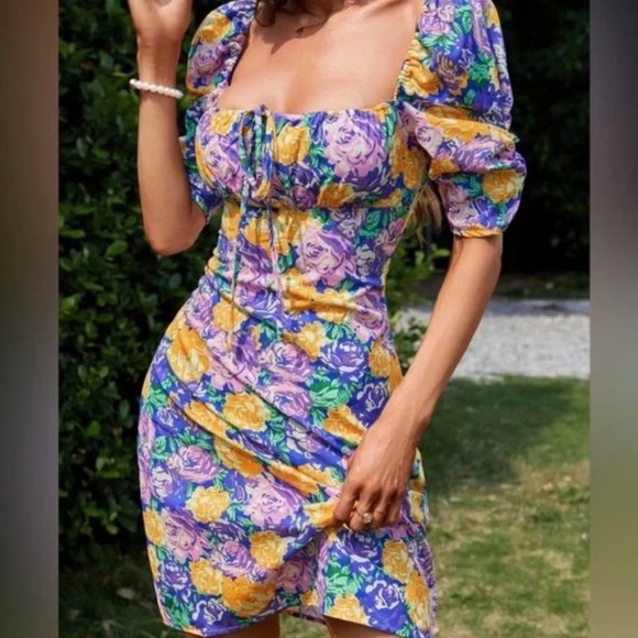 Zara purple and yellow floral printed corset style mini dress size XS NWOT - Picture 2 of 10